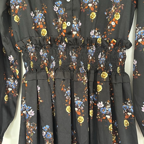 Exclusive Fit n Flare Ruffles Long Sleeve Floral Black Midi Dress Smocked Waist - Picture 2 of 10